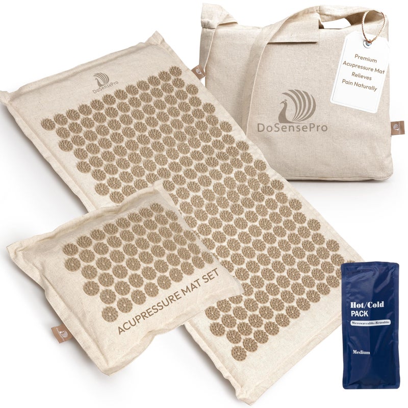 Acupressure Mat Pillow Set with HotCold Gel Pack for Back and Neck Pain Relief Sciatica and Pressure Point Aches Ideal Acupuncture Mat for Sleeping Aid Workout Recovery Natural Linen
