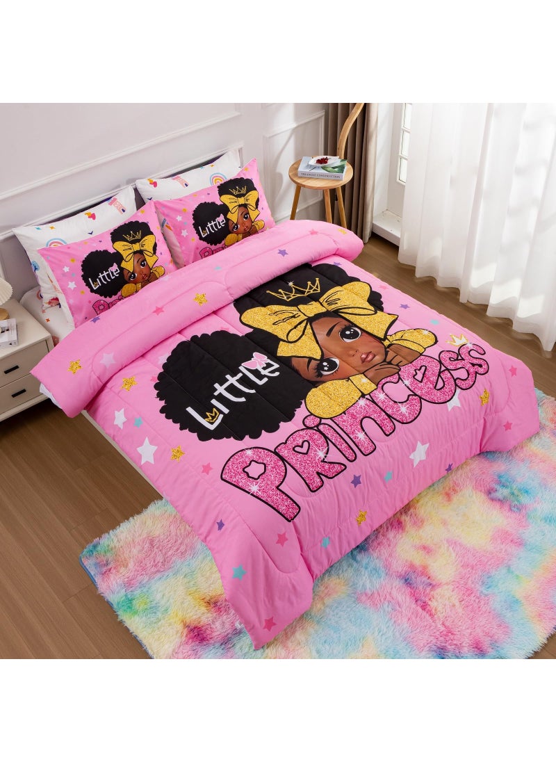 A Nice Night A Nice Night Black Girl Little Princess Comforter Set  Pink 6Pcs Bed in A Bag Twin Size Sparkling Stars Bedding Set for Kids  Girls  - Image 4