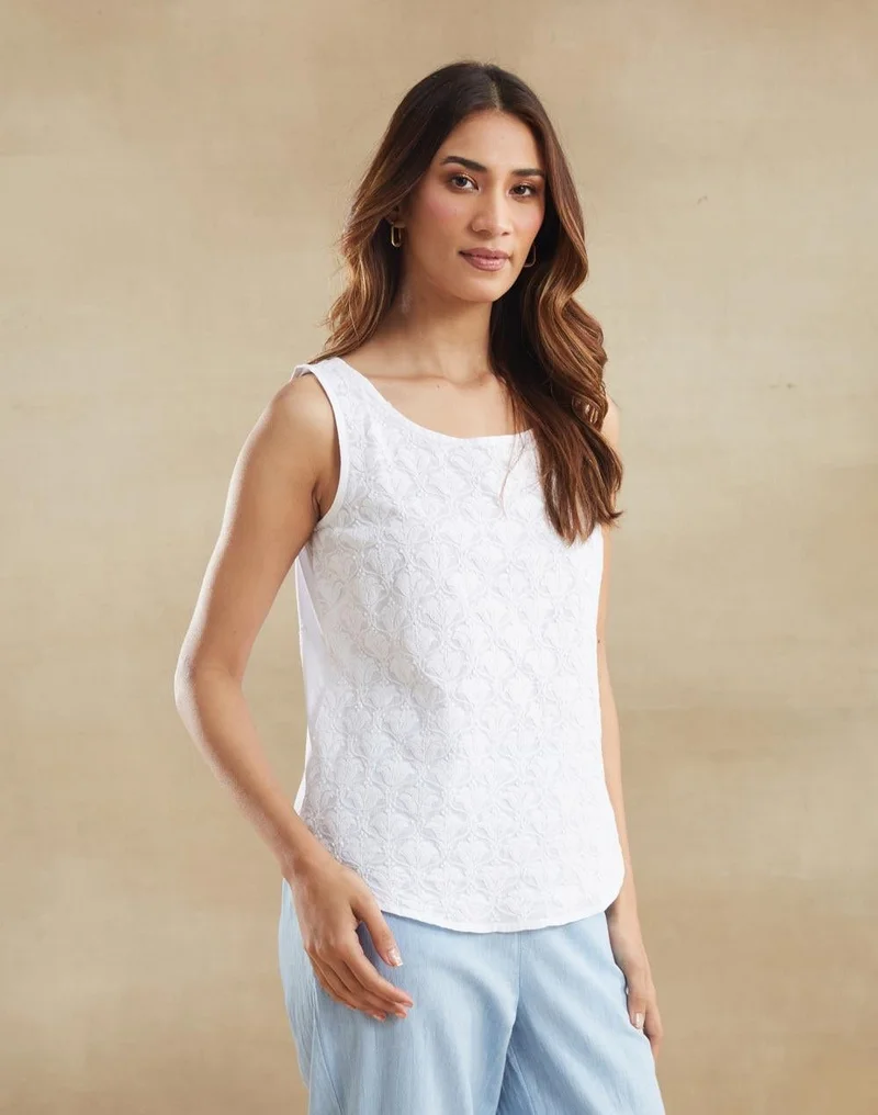 Fabindia  White Cotton Chikankari Top for Women | Best Price UAE