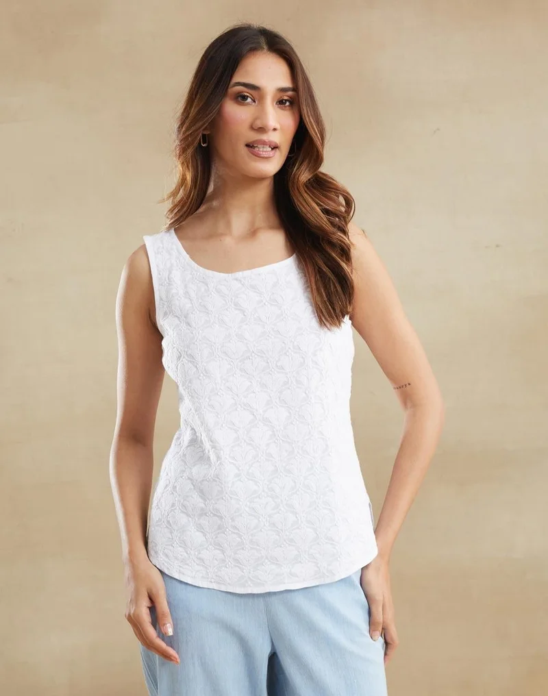 Fabindia White Cotton Chikankari Top