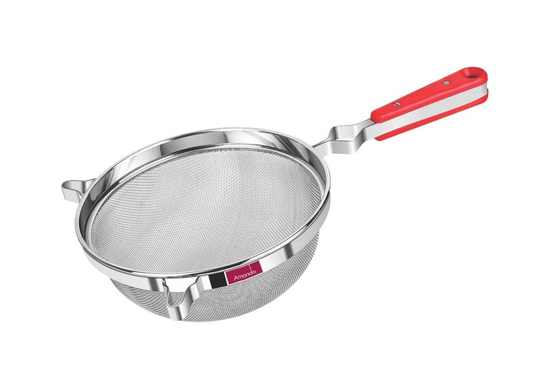 Amanda Amanda Stainless Steel Heavy Juice Soup StrainerLiquid Filter Set of 1 Pc Red Handle Stainer Premium 304 Stainless Steel Size no 8 215 cm Diameter - Image 1