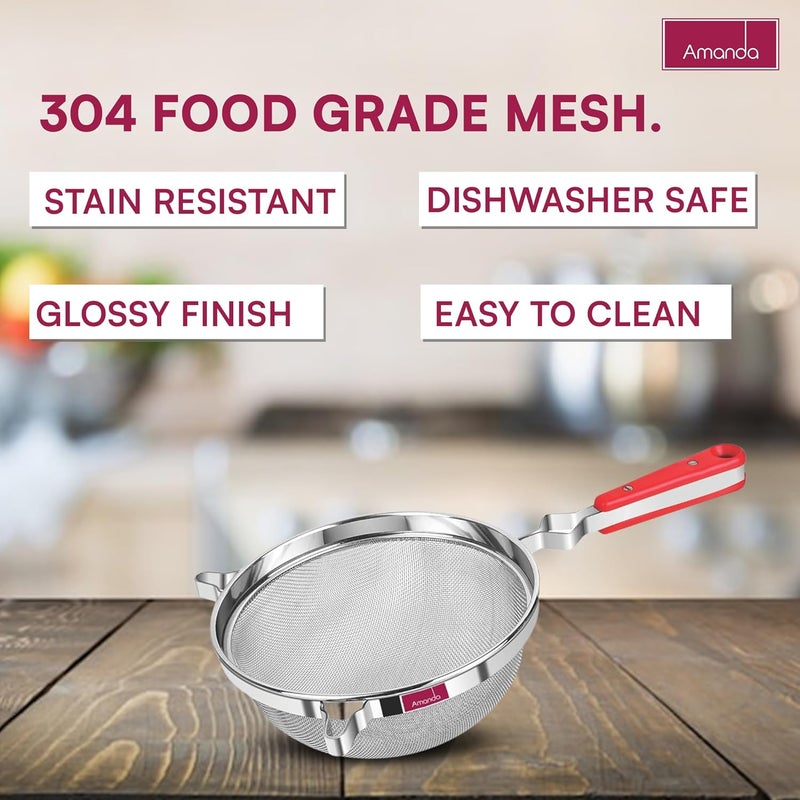 Amanda Amanda Stainless Steel Heavy Juice Soup StrainerLiquid Filter Set of 1 Pc Red Handle Stainer Premium 304 Stainless Steel Size no 8 215 cm Diameter - Image 2