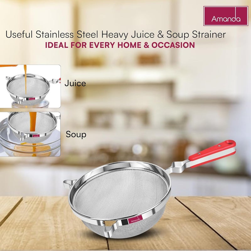 Amanda Amanda Stainless Steel Heavy Juice Soup StrainerLiquid Filter Set of 1 Pc Red Handle Stainer Premium 304 Stainless Steel Size no 8 215 cm Diameter - Image 3