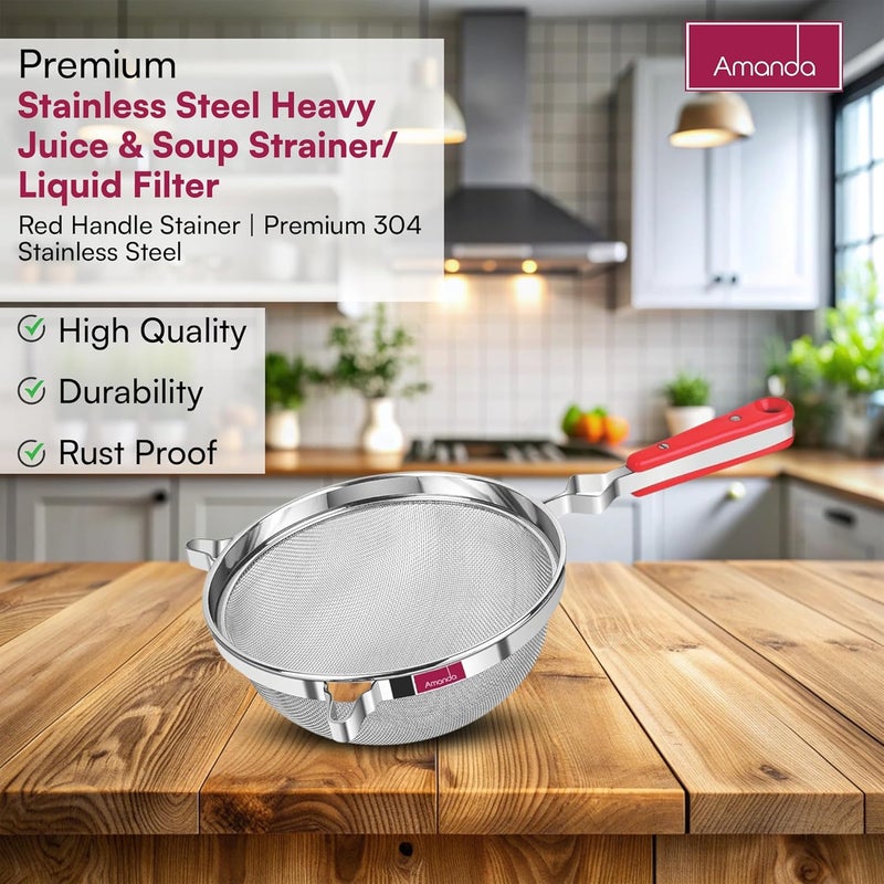 Amanda Amanda Stainless Steel Heavy Juice Soup StrainerLiquid Filter Set of 1 Pc Red Handle Stainer Premium 304 Stainless Steel Size no 8 215 cm Diameter - Image 4