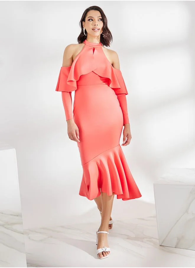 ستايلي Cold Shoulder Sleeve Ruffled Bodycon Midi Dress