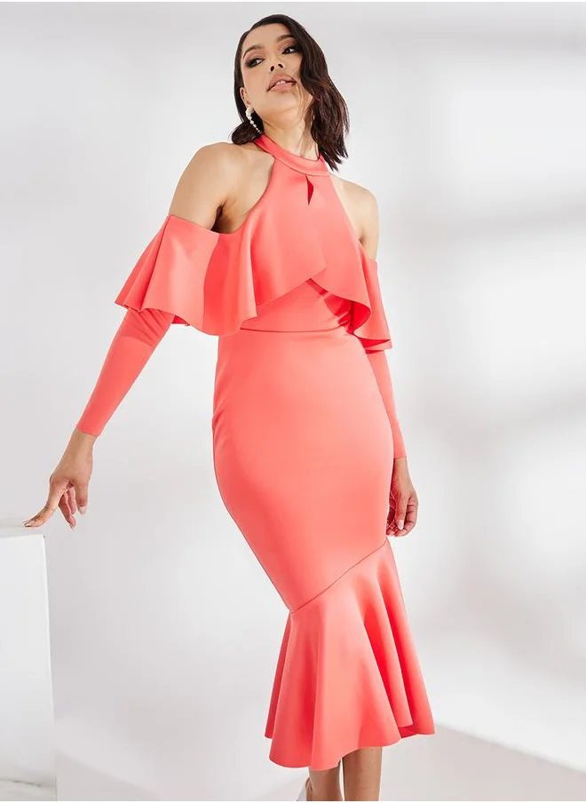 ستايلي Cold Shoulder Sleeve Ruffled Bodycon Midi Dress