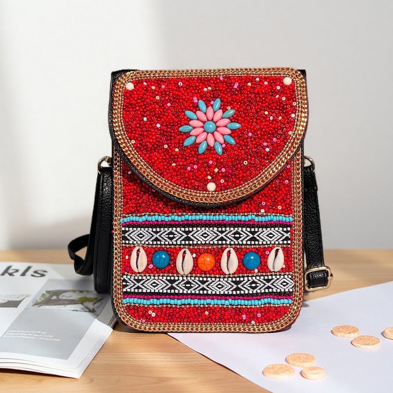 Bohemian Women'S Mobile Phone Bag Xinjiang Inner Mongolia Yunnan Tourist Souvenirs Retro Heavy Industry Rice Bead Shoulder Bag - Image 1