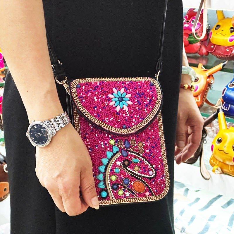 Bohemian Women'S Mobile Phone Bag Xinjiang Inner Mongolia Yunnan Tourist Souvenirs Retro Heavy Industry Rice Bead Shoulder Bag - Image 2