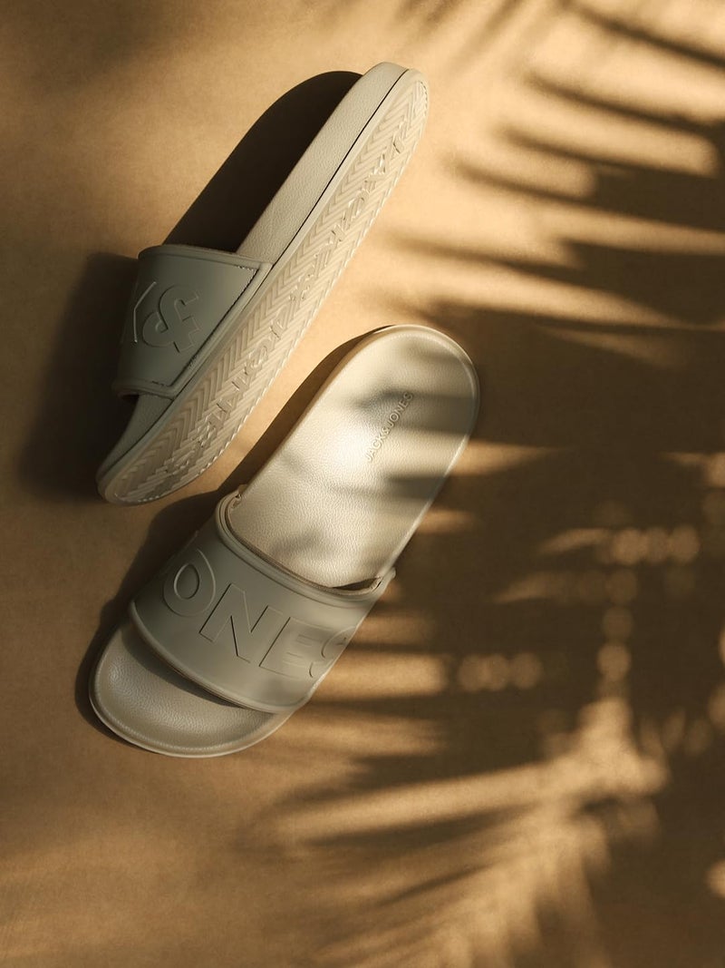 Jack & Jones Beige Cursive Logo Print Pool Sliders - Image 2