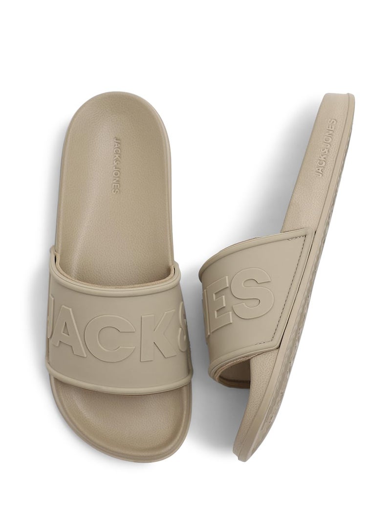 Jack & Jones Beige Cursive Logo Print Pool Sliders - Image 1