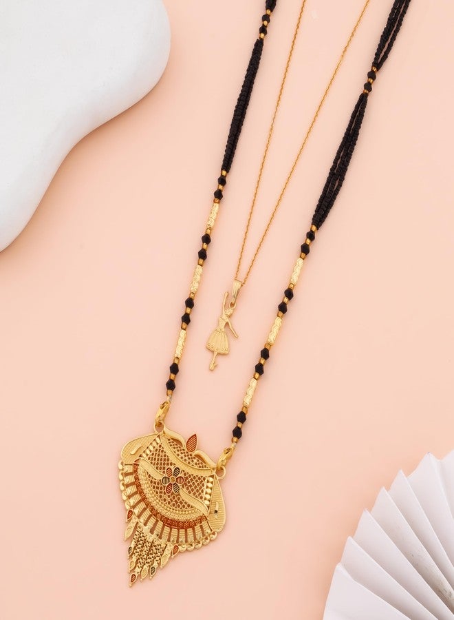 MALKYN Women's Gold Plated Peacock Motif Mangalsutra with Enamel Work and Ballerina Pendant Layered Necklace Set, Traditional Black Beaded Indian Wedding Jewelry-MD-033 - Image 2