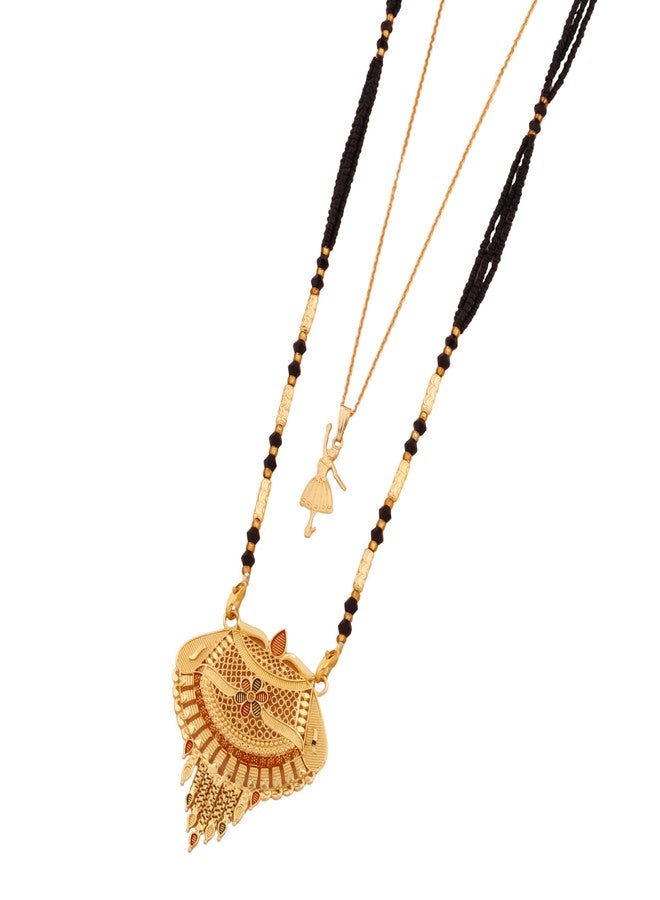 MALKYN Women's Gold Plated Peacock Motif Mangalsutra with Enamel Work and Ballerina Pendant Layered Necklace Set, Traditional Black Beaded Indian Wedding Jewelry-MD-033 - Image 1
