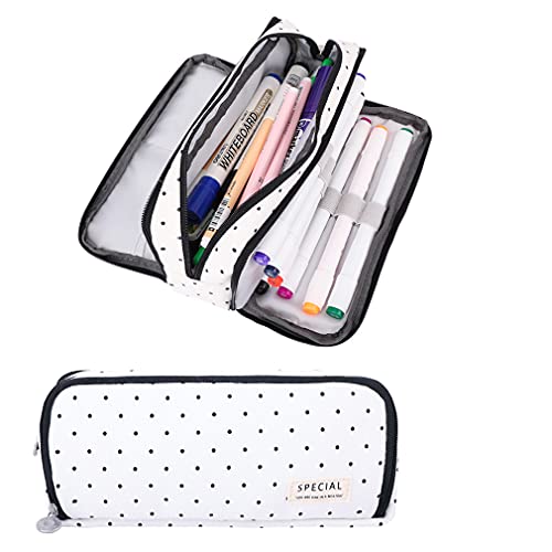 iSuperb Large Pencil Case Big Capacity Pencil Pouch 3 Compartments Pen Bag Canvas Marker Pen Bag for Teen Boys Girls School Students (Black Polka Dot) - Image 1