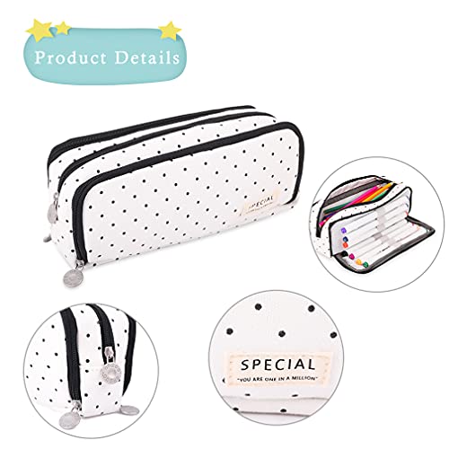 iSuperb Large Pencil Case Big Capacity Pencil Pouch 3 Compartments Pen Bag Canvas Marker Pen Bag for Teen Boys Girls School Students (Black Polka Dot) - Image 4