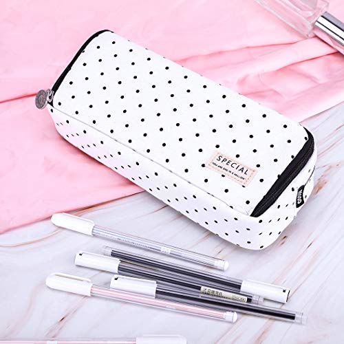 iSuperb Large Pencil Case Big Capacity Pencil Pouch 3 Compartments Pen Bag Canvas Marker Pen Bag for Teen Boys Girls School Students (Black Polka Dot) - Image 5