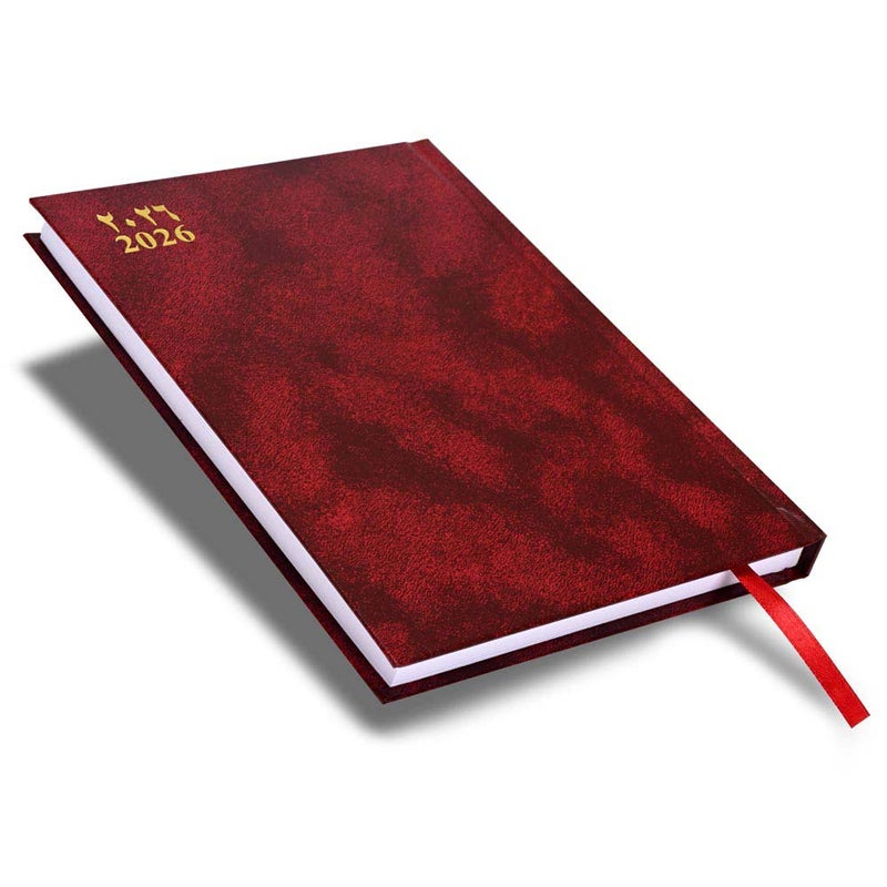 FIS 2026 A5 Agenda Diary, 148x210mm Size, Hard Cover Vinyl, 1 Day a Page with Thursday & Friday Combined, Right to Open, Arabic/English, 60gsm White Paper, Maroon Cover-FSDI90AER26MR - Image 1