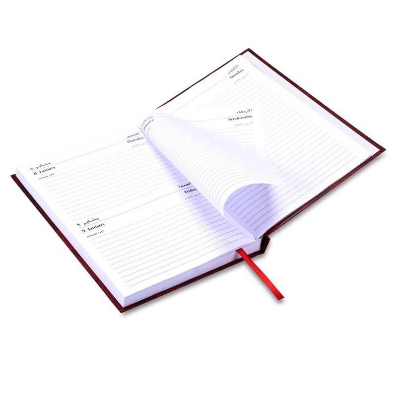 FIS 2026 A5 Agenda Diary, 148x210mm Size, Hard Cover Vinyl, 1 Day a Page with Thursday & Friday Combined, Right to Open, Arabic/English, 60gsm White Paper, Maroon Cover-FSDI90AER26MR - Image 4