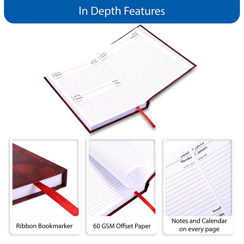 FIS 2026 A5 Agenda Diary, 148x210mm Size, Hard Cover Vinyl, 1 Day a Page with Thursday & Friday Combined, Right to Open, Arabic/English, 60gsm White Paper, Maroon Cover-FSDI90AER26MR - Image 5