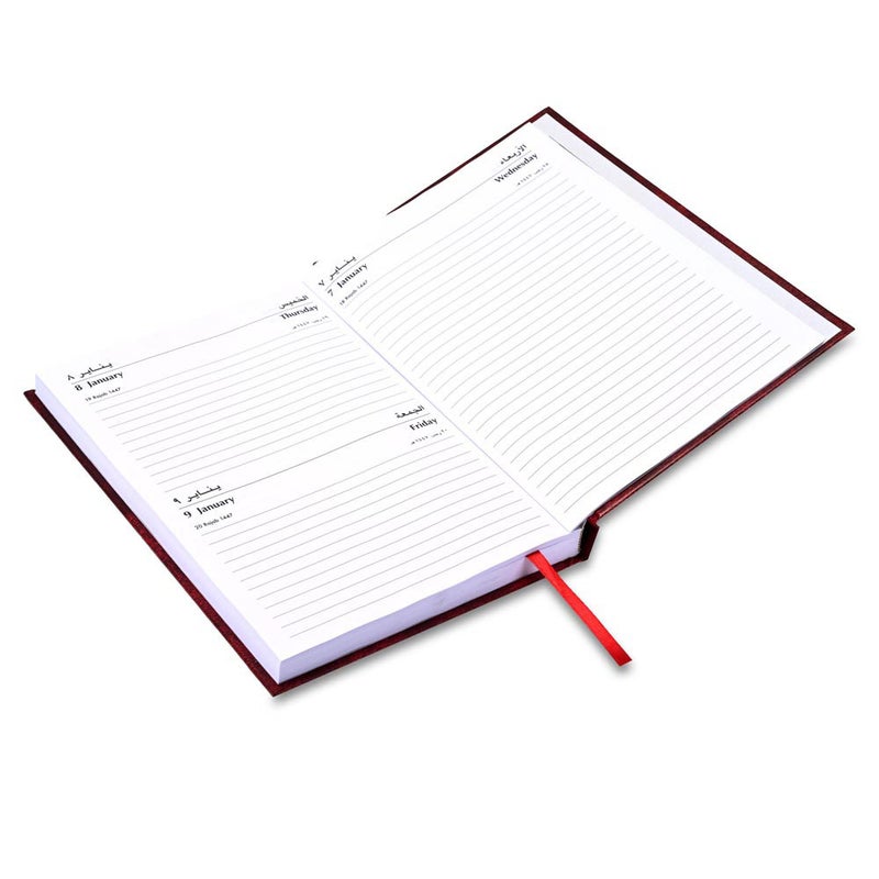 FIS 2026 A5 Agenda Diary, 148x210mm Size, Hard Cover Vinyl, 1 Day a Page with Thursday & Friday Combined, Right to Open, Arabic/English, 60gsm White Paper, Maroon Cover-FSDI90AER26MR - Image 3