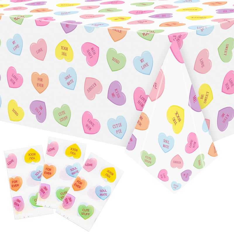 ANGOLIO 3Pieces Valentine's Day Conversation Heart Disposable Tablecloth, Plastic Rectangle Waterproof Heart Party Table Covers, Birthday Party Supplies Favors for Kitchen Dining Picnic Decoration - Image 1