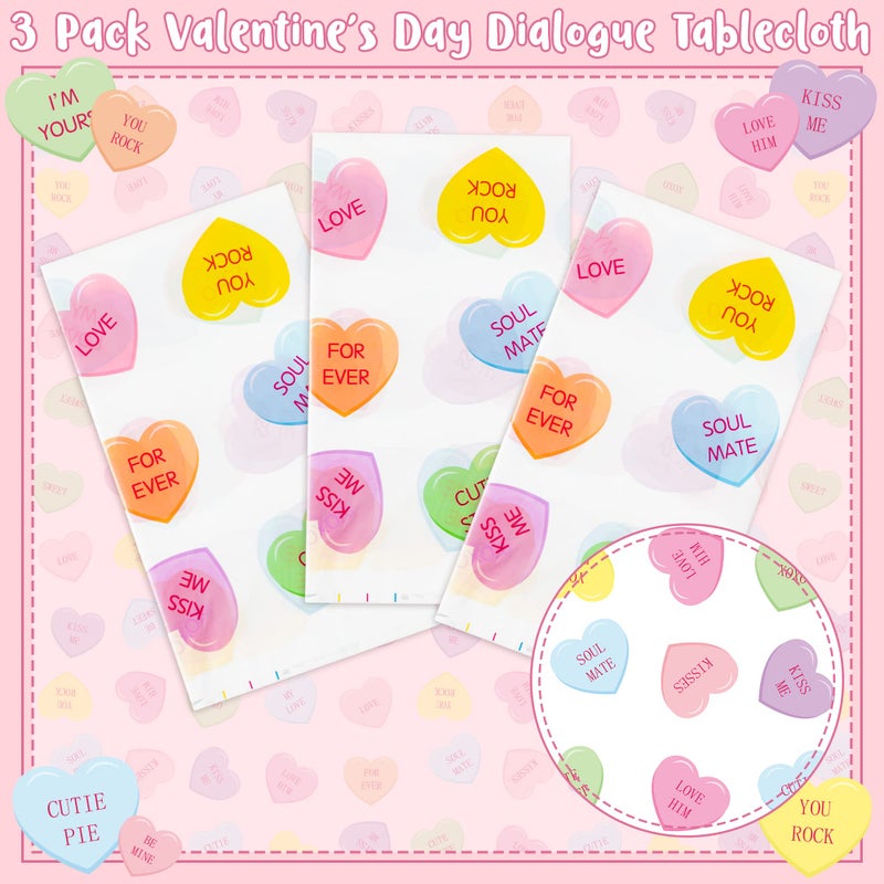 ANGOLIO 3Pieces Valentine's Day Conversation Heart Disposable Tablecloth, Plastic Rectangle Waterproof Heart Party Table Covers, Birthday Party Supplies Favors for Kitchen Dining Picnic Decoration - Image 3