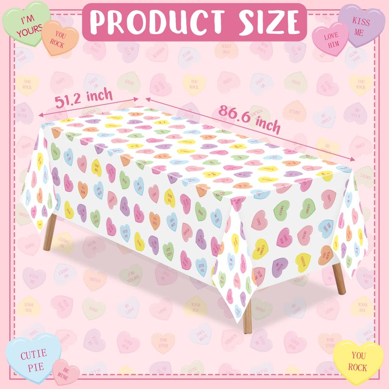 ANGOLIO 3Pieces Valentine's Day Conversation Heart Disposable Tablecloth, Plastic Rectangle Waterproof Heart Party Table Covers, Birthday Party Supplies Favors for Kitchen Dining Picnic Decoration - Image 2