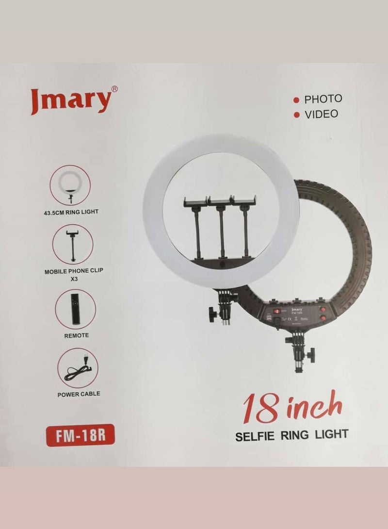 Jmary 18 Inch Ring Light Tripod Mount with 3 Phone Bracket LED Soft Ring Light with Remote Control - Image 1