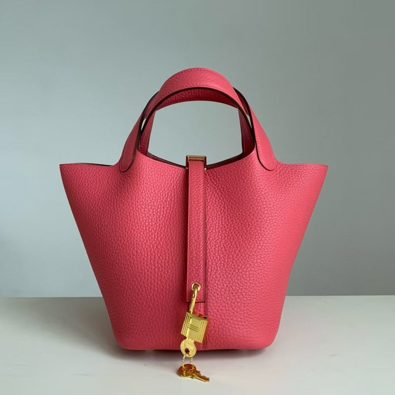 18cm Wax Line Hand Sewed TC Top Layer Cowhide Vegetable Basket Bag Bucket Bag Genuine Leather Womens Bag Handbag Lipstick powder 