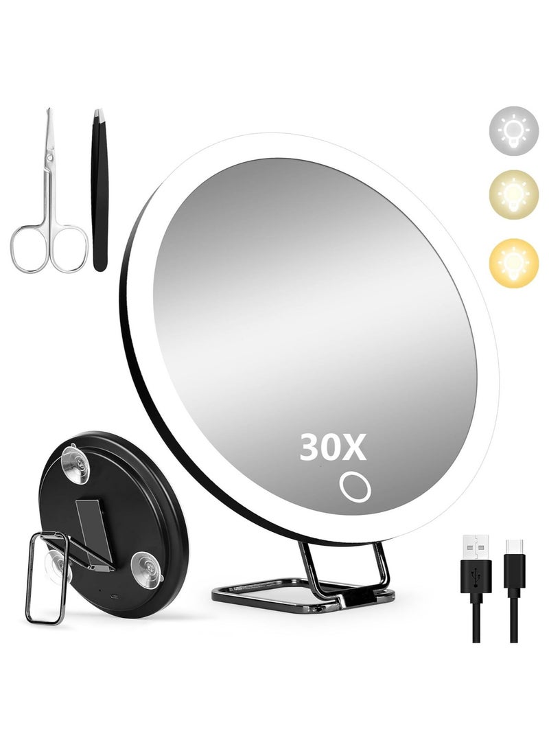 Beauenty 30x Magnifying Glass With Light - Portable Travel Makeup Mirror With 3 Lighting Modes, Compact Design, 3 Suction Cups And Adjustable Bracket, Rechargeable Battery, Including Tweezers, Scissors - Image 1