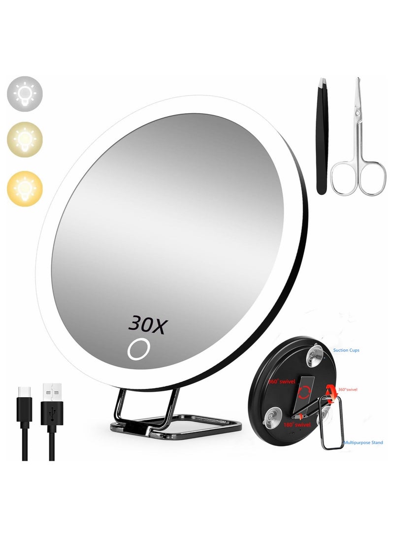Beauenty 30x Magnifying Glass With Light - Portable Travel Makeup Mirror With 3 Lighting Modes, Compact Design, 3 Suction Cups And Adjustable Bracket, Rechargeable Battery, Including Tweezers, Scissors - Image 3