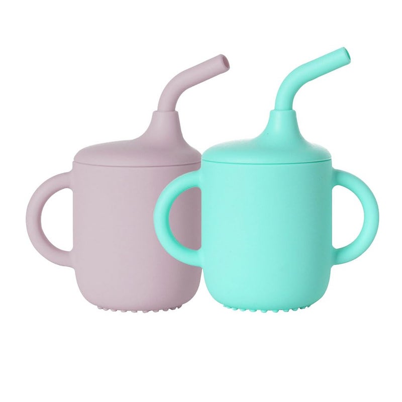 Silicone Straw Cup – Deep Pink + Cyan, 2 Colors, Leak Proof Tumbler with Lid and Straw, for Kids