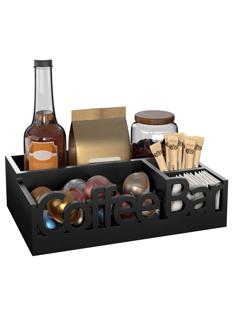 XiuWoo Wooden Coffee Station Organizer,Coffee Bar Storage Basket, Kitchen Counter Coffee And Tea Condiment Holder, Coffee Accessories Caddy For Home And Cafe Decor, Black - Image 1