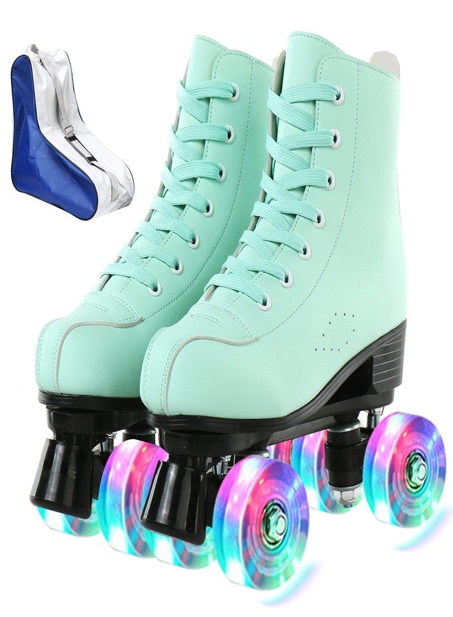 XUDREZ High-Top Roller Skates for Women - Cozy Green PU Leather, Indoor Outdoor Double-Row Skates for Beginners with Shoes Bag (Flash Wheel, 37) - Image 1