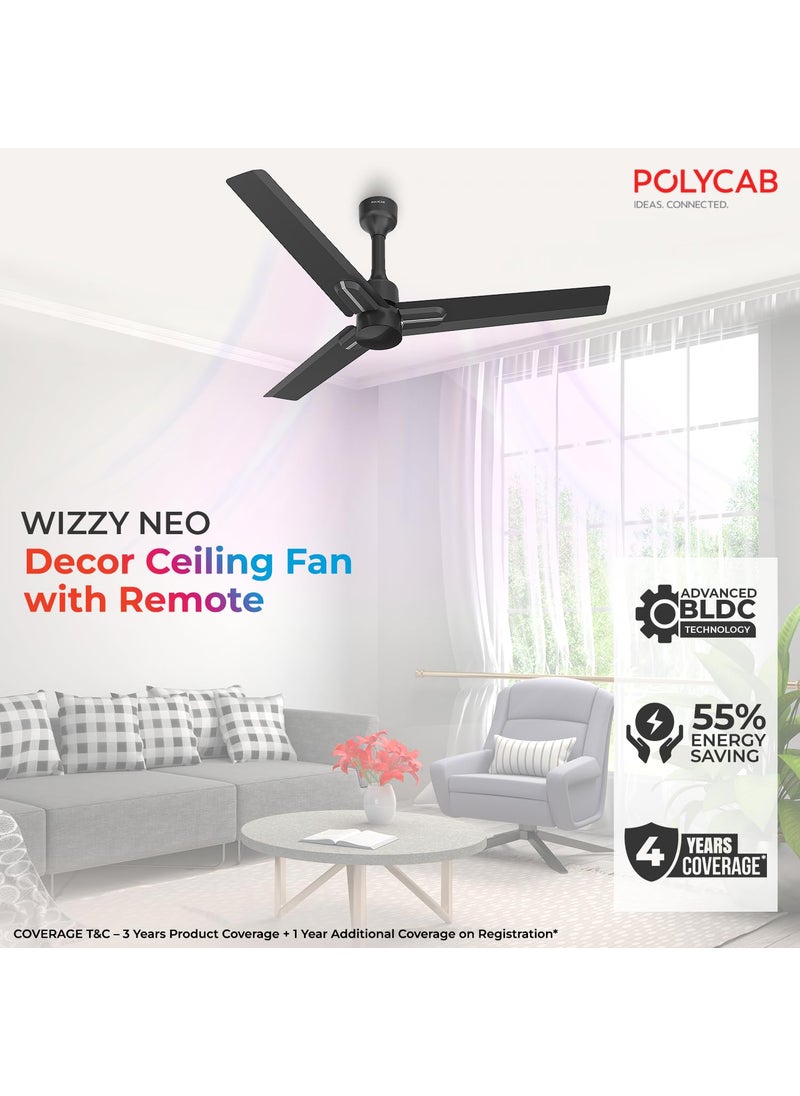 Polycab POLYCAB Wizzy Neo 1200mm 5Star BLDCRemote Ceiling fan for home Free Installation 55 Energy Saving 100 Copper High Air Delivery 6 Speed Setting Reversible Timer 4yr WarrantyBlack Silver  - Image 2