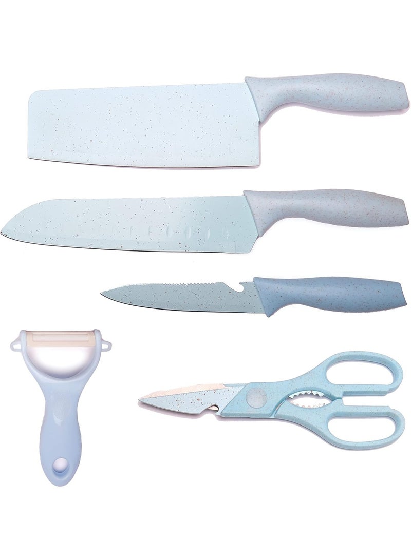 Kitchen Knife Set with Cutting Board, Peeler & Scissors - Blue, 7-Piece - Image 3