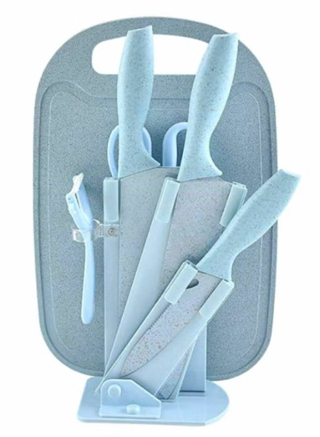 Kitchen Knife Set with Cutting Board, Peeler & Scissors - Blue, 7-Piece - Image 1