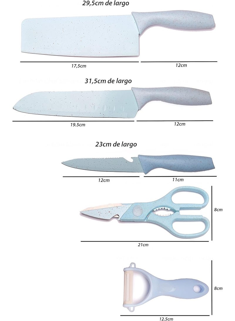 Kitchen Knife Set with Cutting Board, Peeler & Scissors - Blue, 7-Piece - Image 5