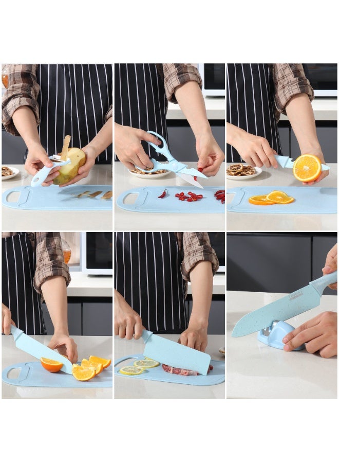 Kitchen Knife Set with Cutting Board, Peeler & Scissors - Blue, 7-Piece - Image 4