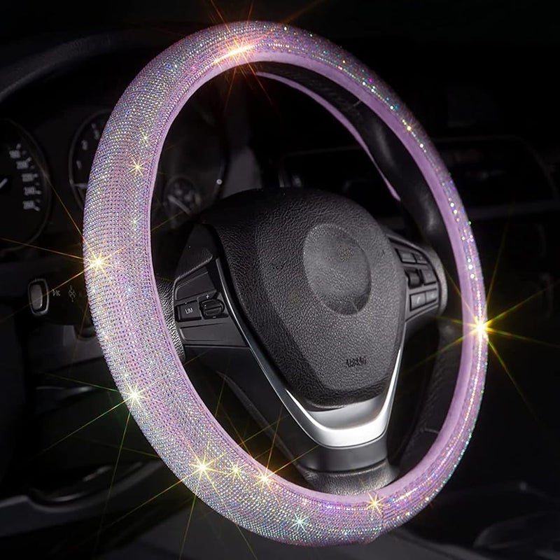 Car Fuzzy Bling Steering Wheel Cover for Women Purple 15 Inch Universal with Colorful Diamonds Rhinestone Cute Accessories Crystal AntiSlip Wheel Protectorer