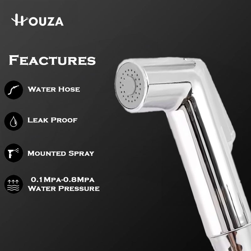 HOUZA Classic Health Faucet for Toilet Jet Spray Health Faucet with 1 Meter Hose Pipe and Wall Hook Chrome Finish Easy Grip and Leak Proof Design - Image 2