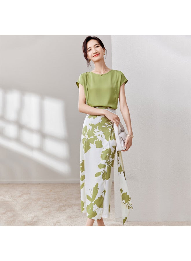 Sentubila Short Sleeve T-shirt Printed Skirt Set Fashionable And Stylish Two-piece Set Temperament Type Summer Women's Clothing Green With Floral Pattern L - Image 1