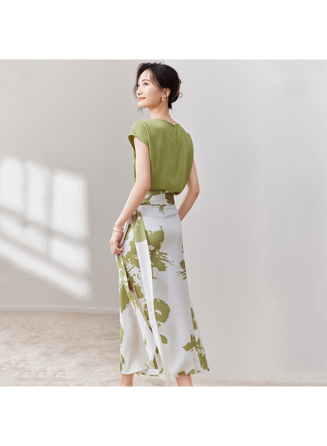 Sentubila Short Sleeve T-shirt Printed Skirt Set Fashionable And Stylish Two-piece Set Temperament Type Summer Women's Clothing Green With Floral Pattern L - Image 2