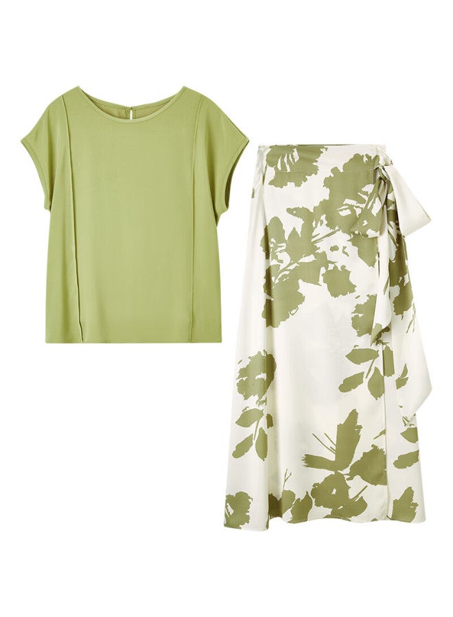 Sentubila Short Sleeve T-shirt Printed Skirt Set Fashionable And Stylish Two-piece Set Temperament Type Summer Women's Clothing Green With Floral Pattern L - Image 4