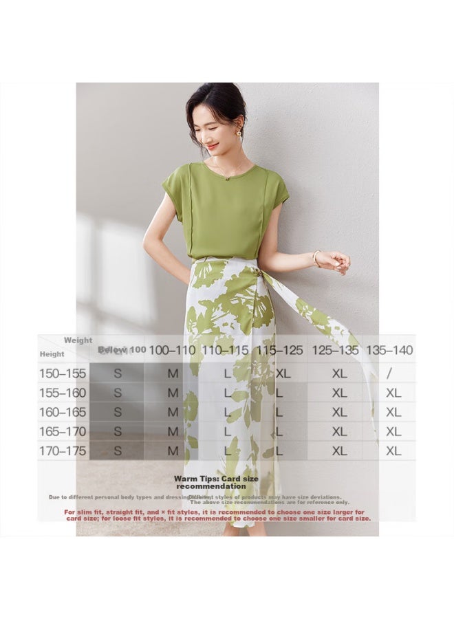 Sentubila Short Sleeve T-shirt Printed Skirt Set Fashionable And Stylish Two-piece Set Temperament Type Summer Women's Clothing Green With Floral Pattern L - Image 3