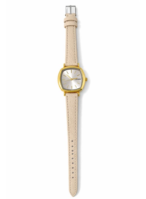 Casio Women's Analog Watch with Beige Leather Strap and Gold-Tone Case with Silver Dial