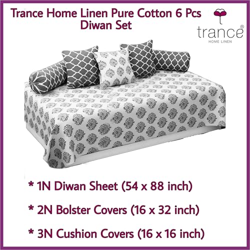 Trance Home Linen 200TC Diwan Set 100% Cotton 6 Piece | Deewan Printed Bedsheet Sets (Set of 6 Pc,1 Bed Sheet 54x88 Inch | 2-Bolster Cover 16x32 Inch | 3-Cushion Cover 16x16 Inch) - Aztec Black - Image 3