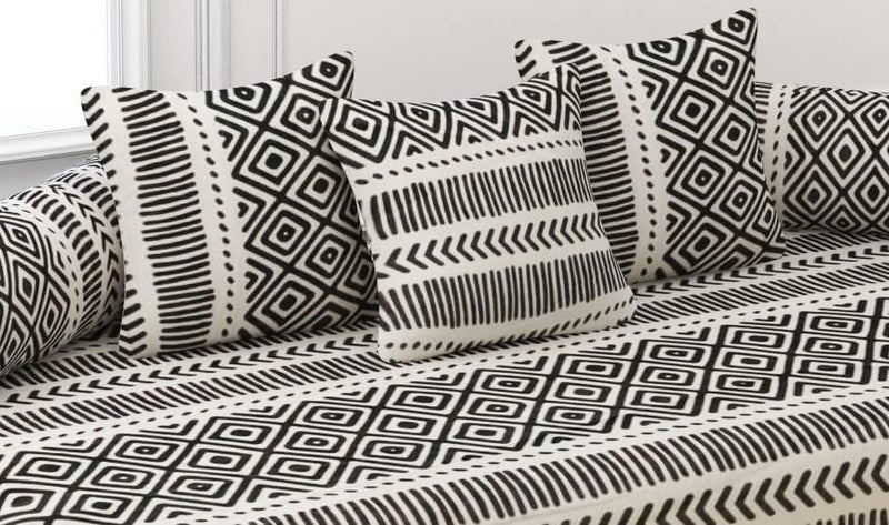 Trance Home Linen 200TC Diwan Set 100% Cotton 6 Piece | Deewan Printed Bedsheet Sets (Set of 6 Pc,1 Bed Sheet 54x88 Inch | 2-Bolster Cover 16x32 Inch | 3-Cushion Cover 16x16 Inch) - Aztec Black - Image 2