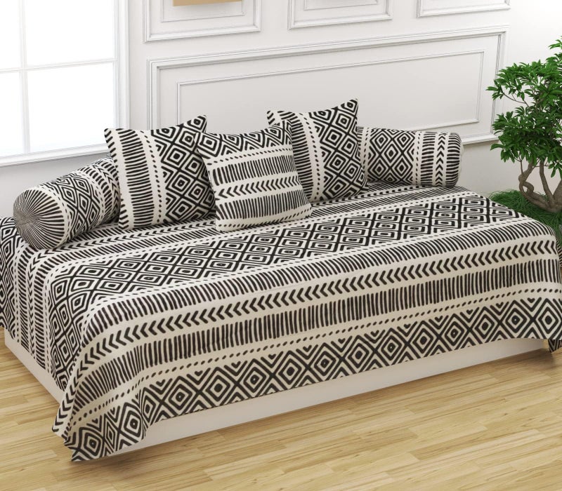 Trance Home Linen 200TC Diwan Set 100% Cotton 6 Piece | Deewan Printed Bedsheet Sets (Set of 6 Pc,1 Bed Sheet 54x88 Inch | 2-Bolster Cover 16x32 Inch | 3-Cushion Cover 16x16 Inch) - Aztec Black - Image 1