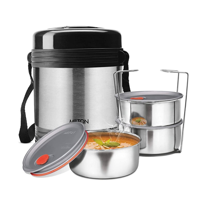 Milton MILTON Legend Deluxe 3 Stainless Steel Containers with Steam Vent 200 ml Each, Hot & Cold Leak-Proof Insulated Lunch Box for Office, College, Picnic, Silver - Image 1