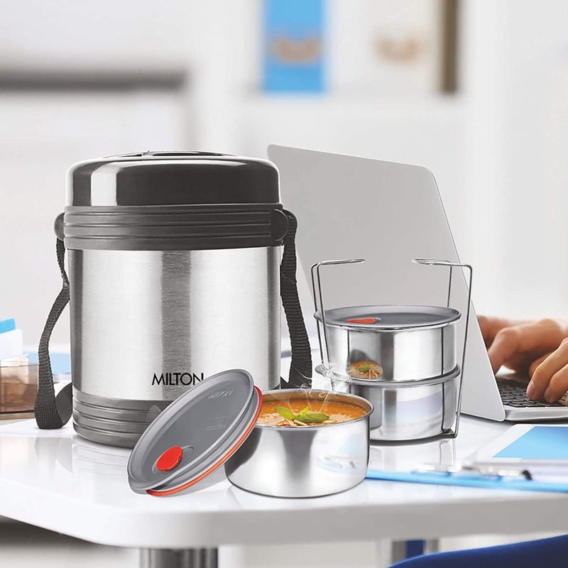 Milton MILTON Legend Deluxe 3 Stainless Steel Containers with Steam Vent 200 ml Each, Hot & Cold Leak-Proof Insulated Lunch Box for Office, College, Picnic, Silver - Image 2